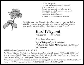 Traueranzeige von Karl Wiegand von Tageszeitung