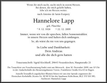 Traueranzeige von Hannelore Lapp von Tageszeitung