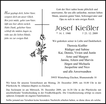 Traueranzeige von Josef Kießler von Tageszeitung