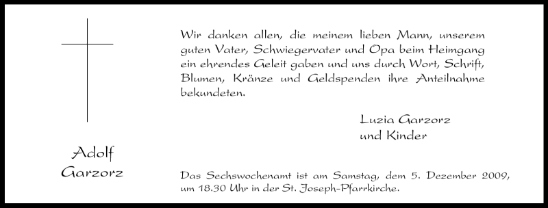  Traueranzeige für Adolf Garzorz vom 02.12.2009 aus Tageszeitung