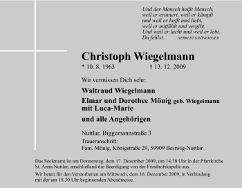 Traueranzeige von Christoph Wiegelmann von Tageszeitung