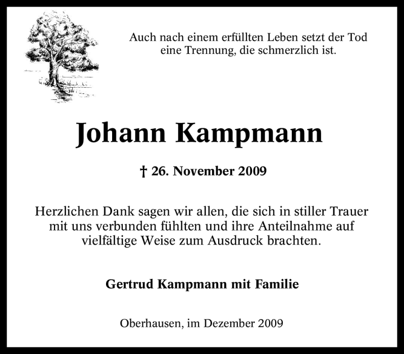  Traueranzeige für Johann Kampmann vom 19.12.2009 aus Tageszeitung