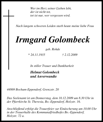 Traueranzeige von Irmgard Golombeck von Tageszeitung