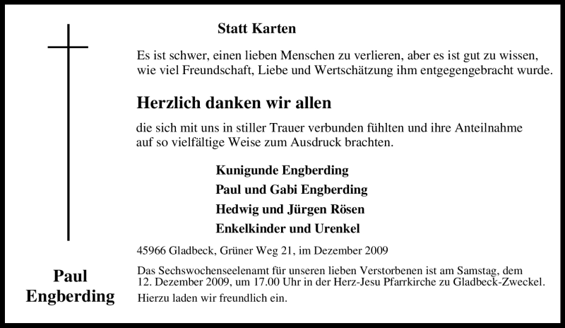  Traueranzeige für Paul Engberding vom 07.12.2009 aus Tageszeitung