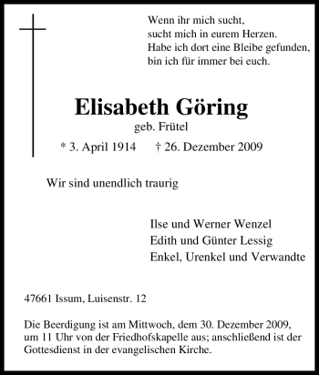Traueranzeige von Elisabeth Göring von Tageszeitung