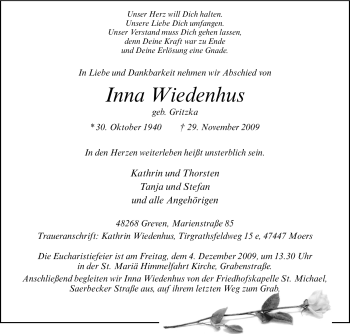 Traueranzeige von Inna Wiedenhus von Tageszeitung