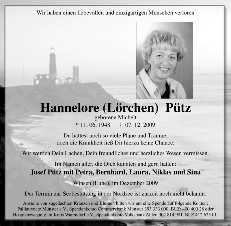  Traueranzeige für Hannelore Pütz vom 08.12.2009 aus Tageszeitung