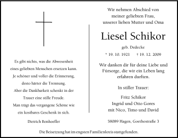 Traueranzeige von Liesel Schikor von Tageszeitung
