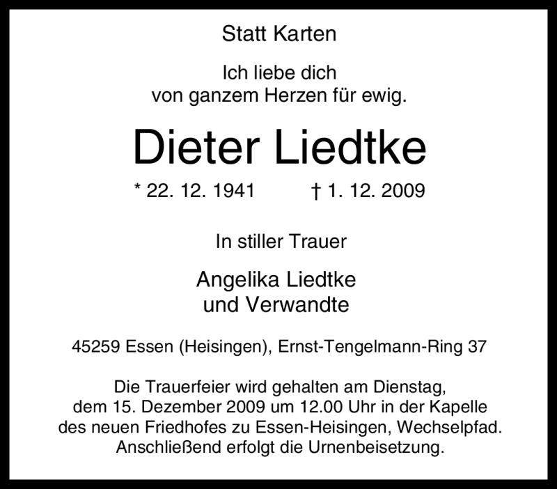  Traueranzeige für Dieter Liedtke vom 12.12.2009 aus Tageszeitung