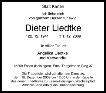 Traueranzeige von Dieter Liedtke von Tageszeitung