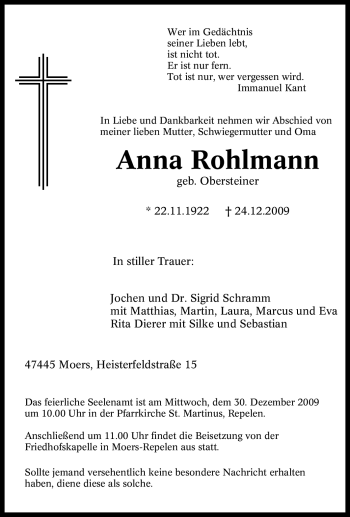 Traueranzeige von Anna Rohlmann von Tageszeitung