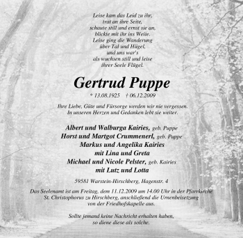 Traueranzeige von Gertrud Puppe von Tageszeitung