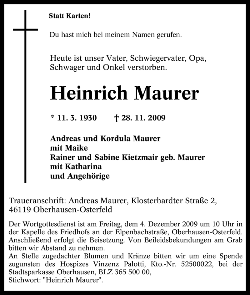  Traueranzeige für Heinrich Maurer vom 02.12.2009 aus Tageszeitung