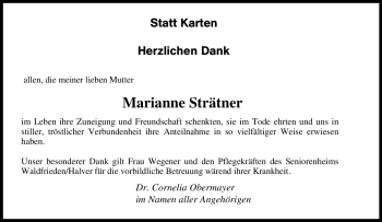 Traueranzeige von Marianne Strätner von Tageszeitung