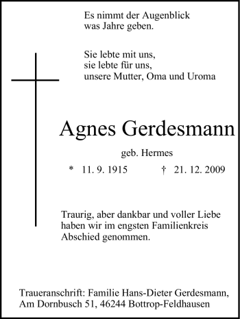 Traueranzeige von Agnes Gerdesmann von Tageszeitung