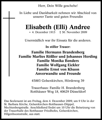 Traueranzeige von Elisabeth Andree von Tageszeitung