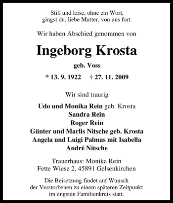 Traueranzeige von Ingeborg Krosta von Tageszeitung