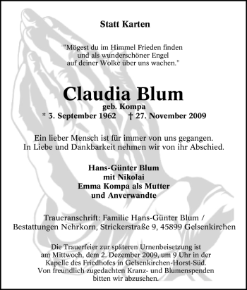 Traueranzeige von Claudia Blum von Tageszeitung