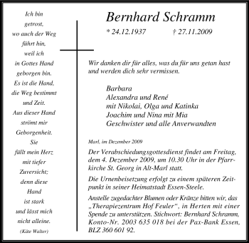 Traueranzeige von Bernhard Schramm von Tageszeitung
