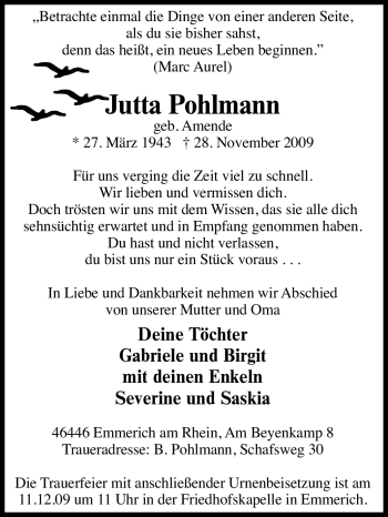 Traueranzeige von Jutta Pohlmann von Tageszeitung