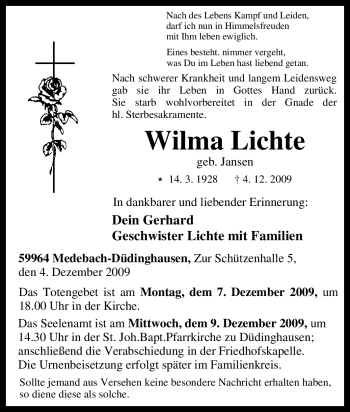 Traueranzeige von Wilma Lichte von Tageszeitung