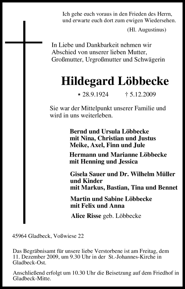  Traueranzeige für Hildegard Löbbecke vom 08.12.2009 aus Tageszeitung