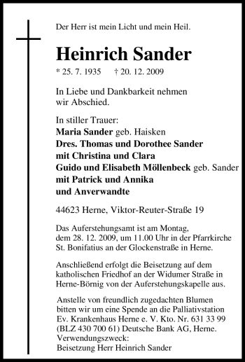 Traueranzeige von Heinrich Sander von Tageszeitung