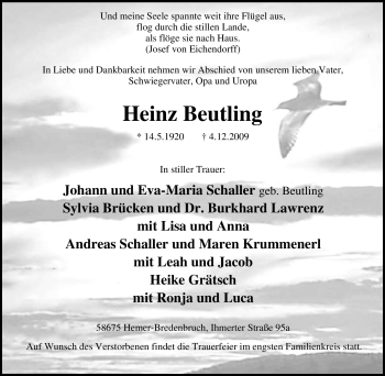 Traueranzeige von Heinz Beutling von Tageszeitung