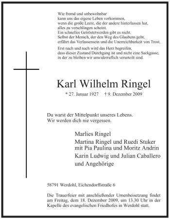Traueranzeige von Karl Wilhelm Ringel von Tageszeitung