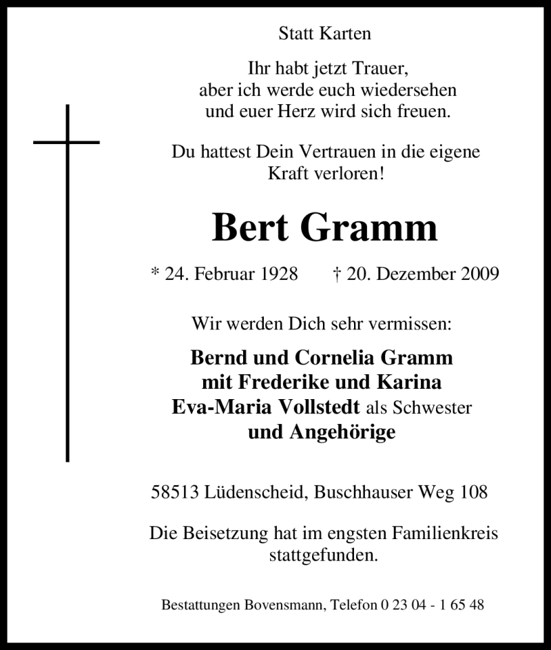  Traueranzeige für Bert Gramm vom 30.12.2009 aus Tageszeitung