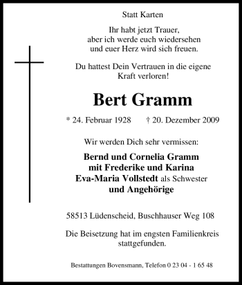 Traueranzeige von Bert Gramm von Tageszeitung