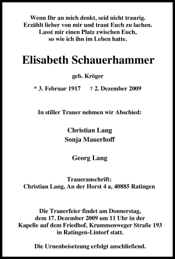 Traueranzeige von Elisabeth Schauerhammer von Tageszeitung
