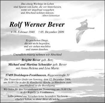 Traueranzeige von Rolf Werner Bever von Tageszeitung