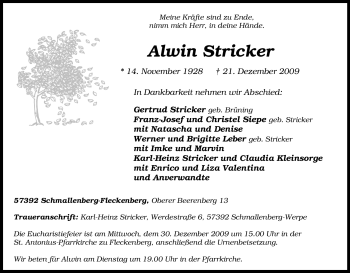 Traueranzeige von Alwin Stricker von Tageszeitung
