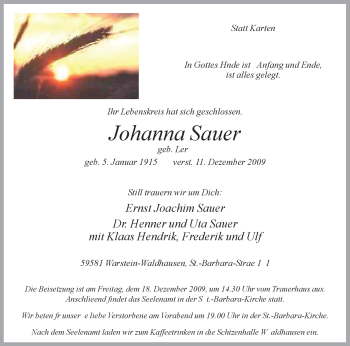 Traueranzeige von Johanna Sauer von Tageszeitung
