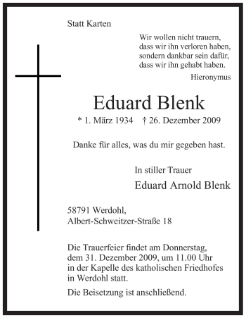 Traueranzeige von Eduard Blenk von Tageszeitung