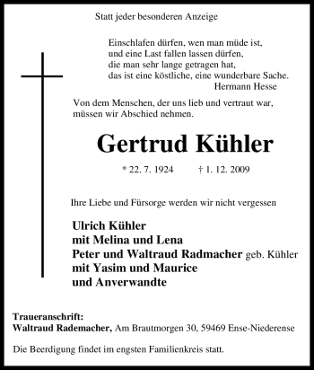 Traueranzeige von Gertrud Kühler von Tageszeitung