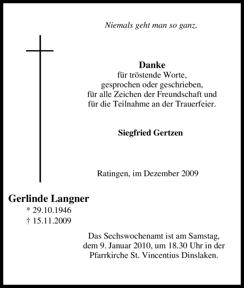  Traueranzeige für Gerlinde Langner vom 29.12.2009 aus Tageszeitung