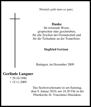 Traueranzeige von Gerlinde Langner von Tageszeitung
