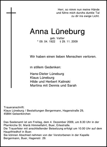Traueranzeige von Anna Lüneburg von Tageszeitung