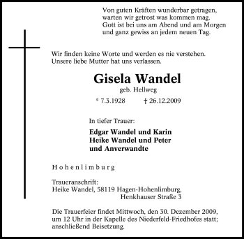Traueranzeige von Gisela Wandel von Tageszeitung