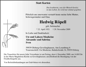 Traueranzeige von Hedwig Röpell von Tageszeitung