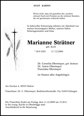 Traueranzeige von Marianne Strätner von Tageszeitung