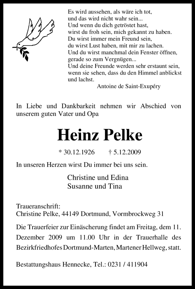  Traueranzeige für Heinz Pelke vom 08.12.2009 aus Tageszeitung