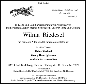 Traueranzeige von Wilma Riedesel von Tageszeitung