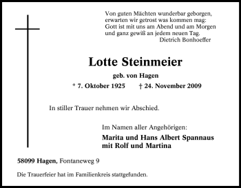Traueranzeige von Lotte Steinmeier von Tageszeitung