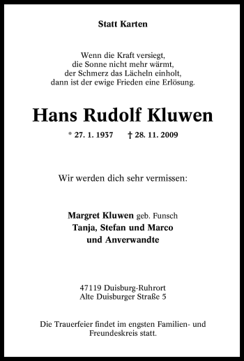 Traueranzeige von Hans Rudolf Kluwen von Tageszeitung