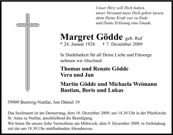 Traueranzeige von Margret Gödde von Tageszeitung