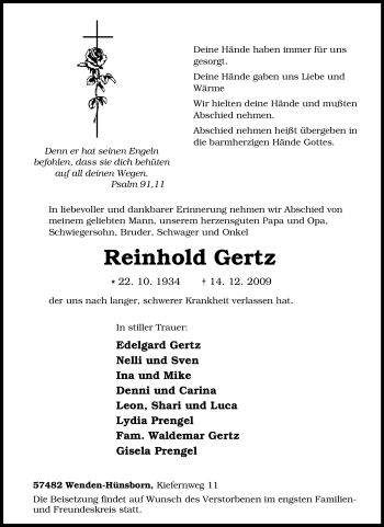 Traueranzeige von Reinhold Gertz von Tageszeitung