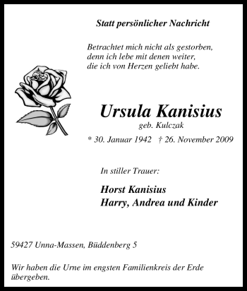 Traueranzeige von Ursula Kanisius von Tageszeitung